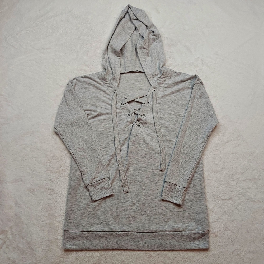 Avon Light Gray Lace Up Hoodie Sweatshirt Pull Over Size S (4/6)
